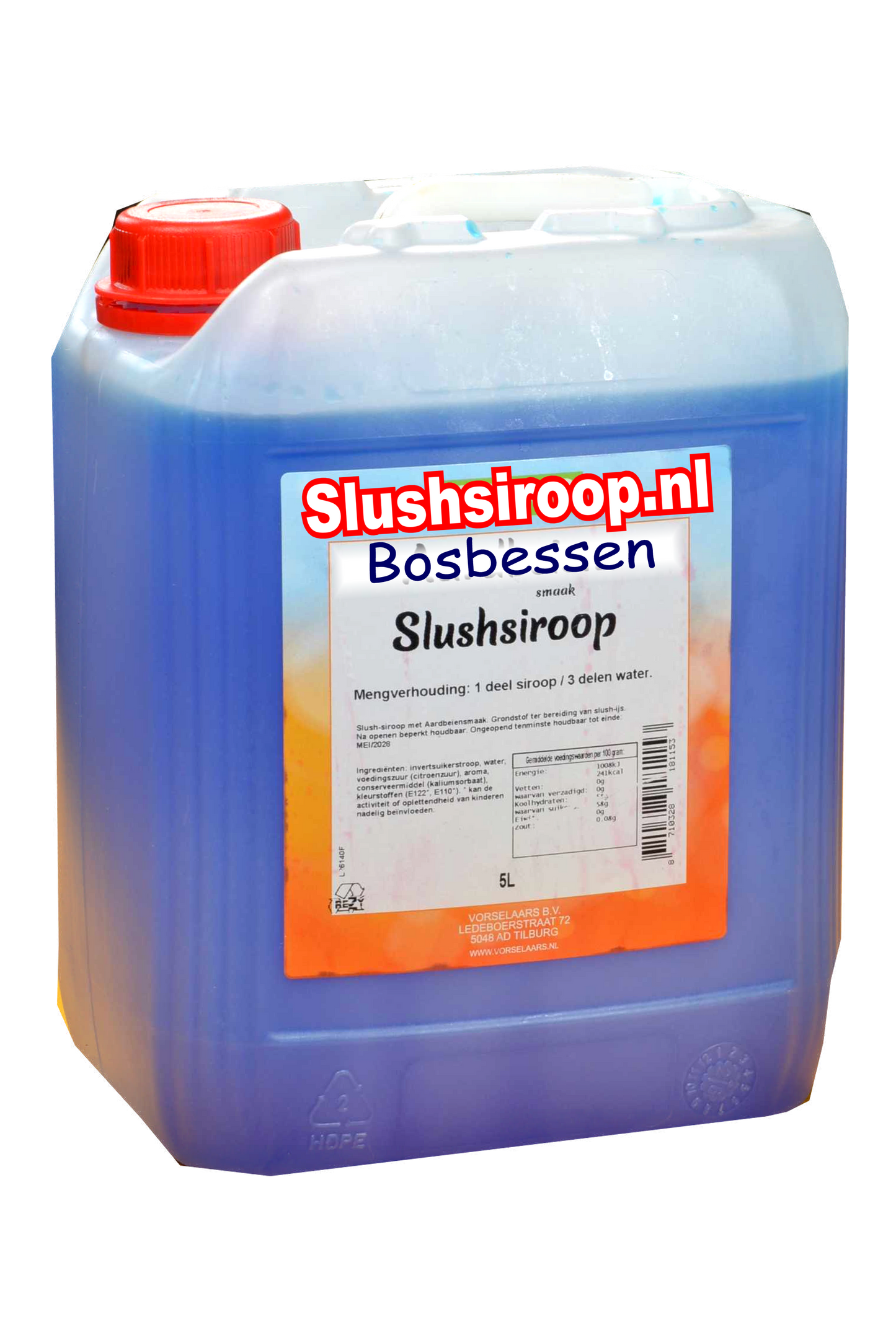 Slush Syrup BLUEBERRY flavor - 5 liter tank - Vorselaars -www.Slushsiroop.nl - An ice-cold treat for young and old.